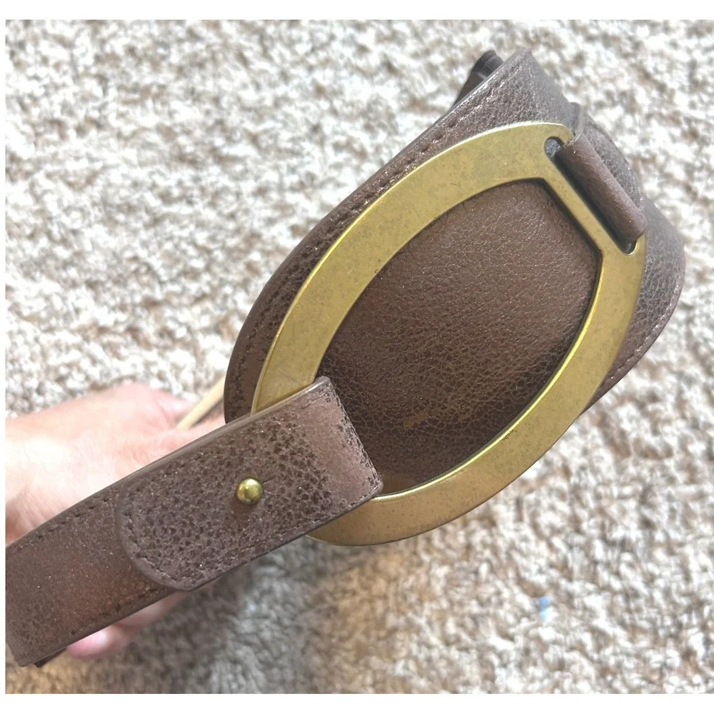 Chicos Lagenlook Coastal Wide Waist Belt Bronze Metallic‎ Leather Buckle SZ L